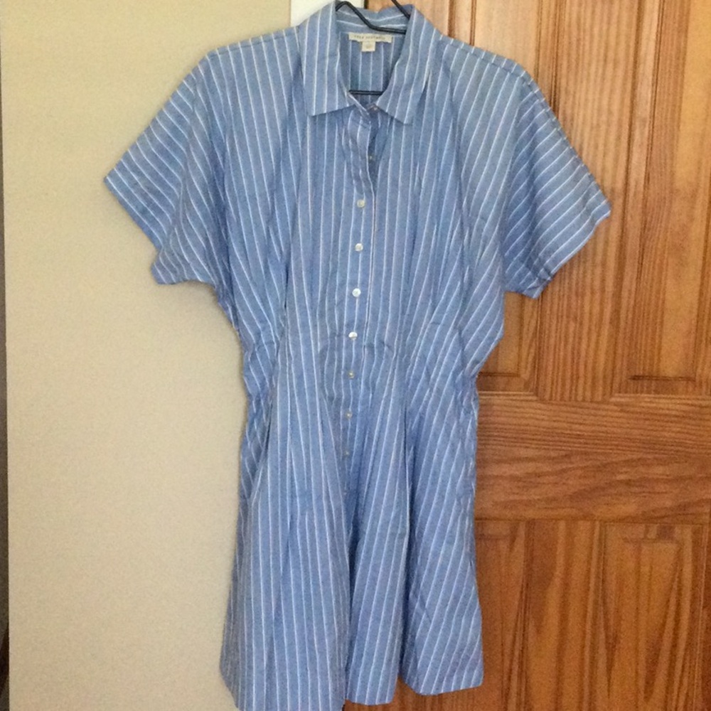 Blue Striped Short-Sleeve Button-Up Dress
